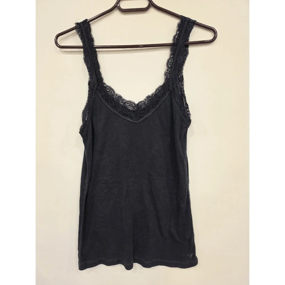 Y2K American Eagle Ribbed Tank Top Cami XL Black Womens Fitted Bella